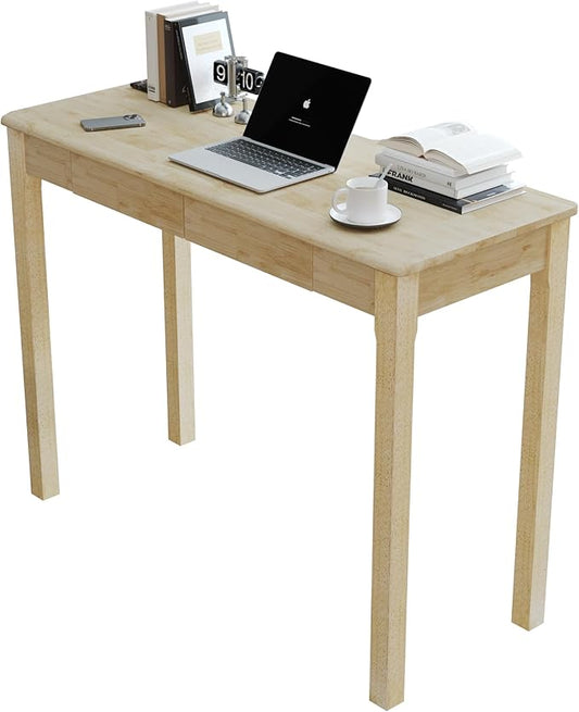 Solid Wood Desk with Drawers - 39" Narrow Desks for Small Spaces, Mid Century Modern Desks, Small Wooden Vintage Computer Writing Desk, Study Table for Home Office Bedroom, Natural