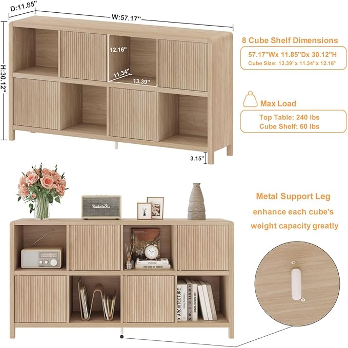 FATORRI 8 Cube Bookshelf with 4 Doors, Modern Mid Century Wood Book Shelf with Storage, Low Horizontal Cubby Bookcase for Home Office (Light Walnut)