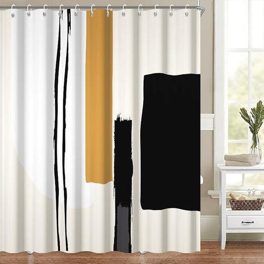 Abstract Geometric Shower Curtain for Bathroom Modern Minimalist Neutral Bathroom Decor Set Black and Beige Bathtub Curtain for Hotel Machine Washable Waterproof Polyester Fabric with Hooks 69x70 Inch