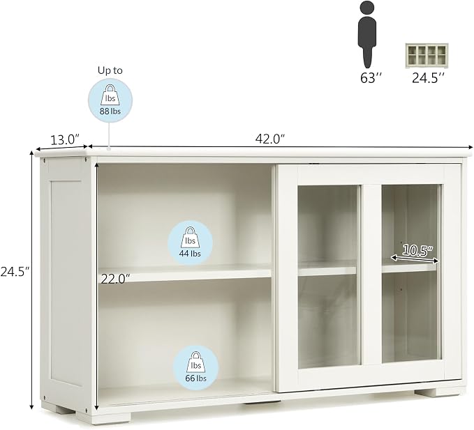 Sideboard Buffet Cabinet, Stackable Cupboard Storage Table with Adjustable Shelf & Glass Sliding Doors, Wooden Credenza Coffee Bar Cabinet for Kitchen/Dining Room/Living Room/Entryway (White)