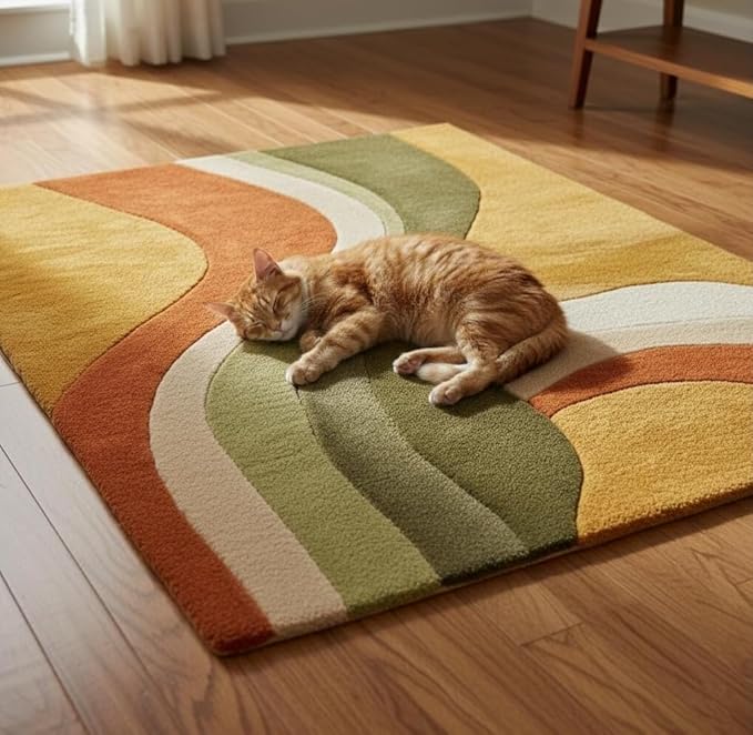 Retro Wave Area Rug, Multicolor Abstract Curved Stripes, Mustard Yellow Rust Orange Olive Green Cream, Modern Bohemian Style (6 * 9 feet)