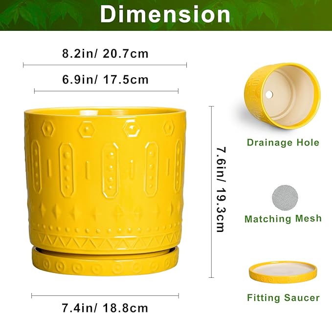 Eightpot 8 Inch Plant Pot, Ceramic Pots for Plants with Drainage Hole and Sacuer, Round Flower Pots for Indoor Outdoor Plants, Modern Decorative Planter, Table Decor, Plant Gifts for Women, Yellow