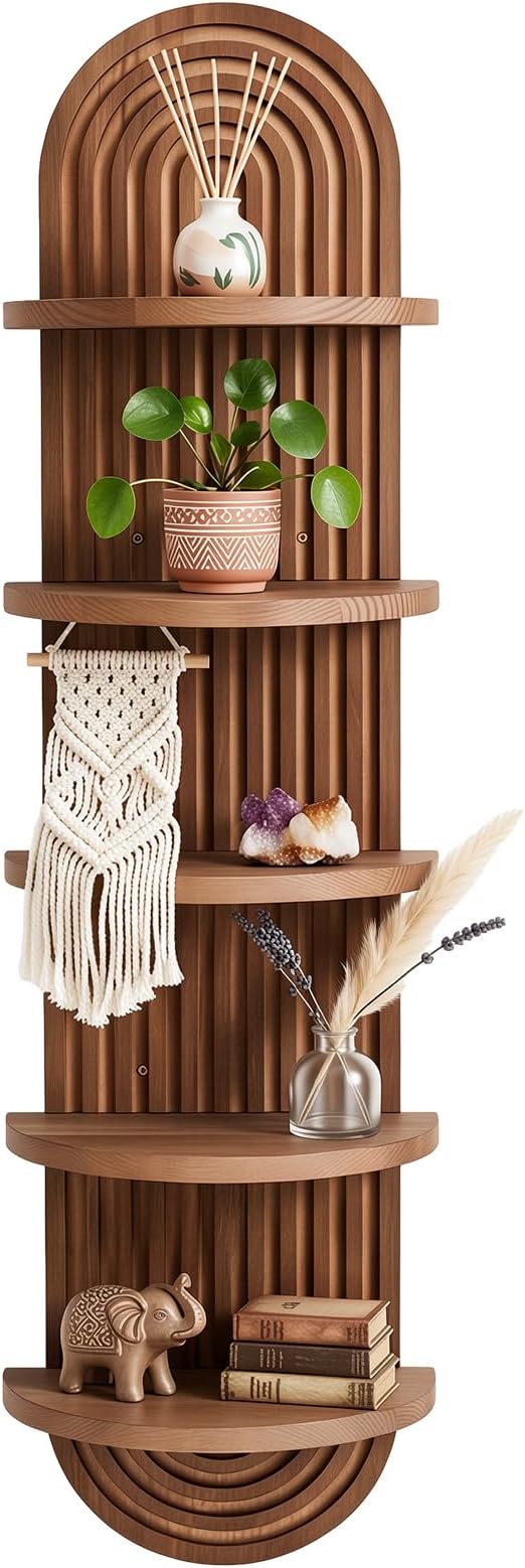 Pinkunn 5 Tier Boho Wall Decor Shelf, 47 Inch Tall Floating Wall Shelf Unit, Pine Wooden Mid Century Arch Decor for Home Bathroom Bedroom Living Room Office Vanity Holding Planter Decoration