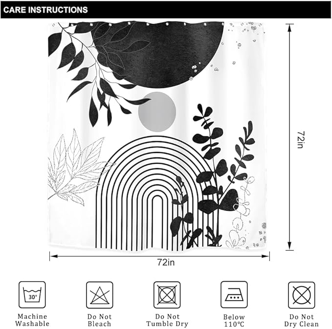 Riyidecor Black White Silver Boho Modern Shower Curtain for Bathroom Decor 72Wx72H Mid Century Bohemian Eucalyptus Leaves Abstract Arch Art Printed Fabric Polyester Waterproof 12 Pack Plastic Hooks