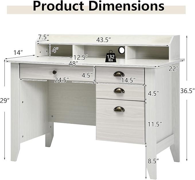 48" Vintage Computer Desk with 4 Storage Drawers & Top Hutch, Home Office Workstation with Drawer & Monitor Stand, Wooden Study Work Writing Table (White)