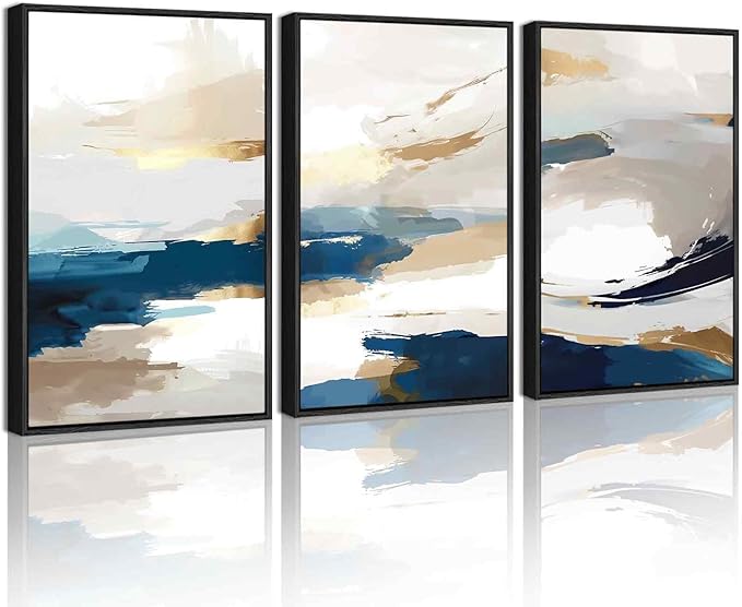 KUVIOKE Navy Blue Abstract Framed Canvas Wall Art Graffiti Shape Pastel Wall Decor Modern Minimalist Art Painting for Bedroom Living Room 16x24in (Black Framed)