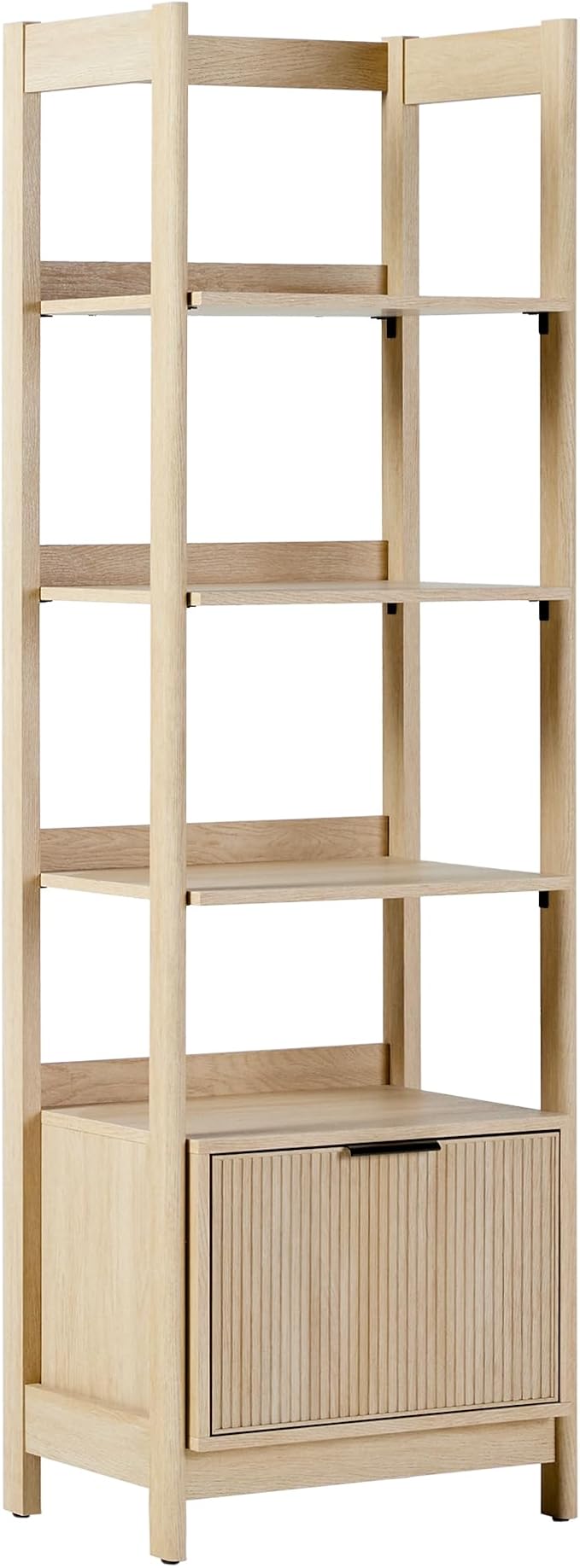 Walker Edison Transitional Reeded Narrow Open Bookshelf with Drawer on Bottom for Home Office, Living Room, Bedroom, 4-Shelf Bookcase with Bottom Storage, 22”W x 16.75”D x 70”H, Coastal Oak