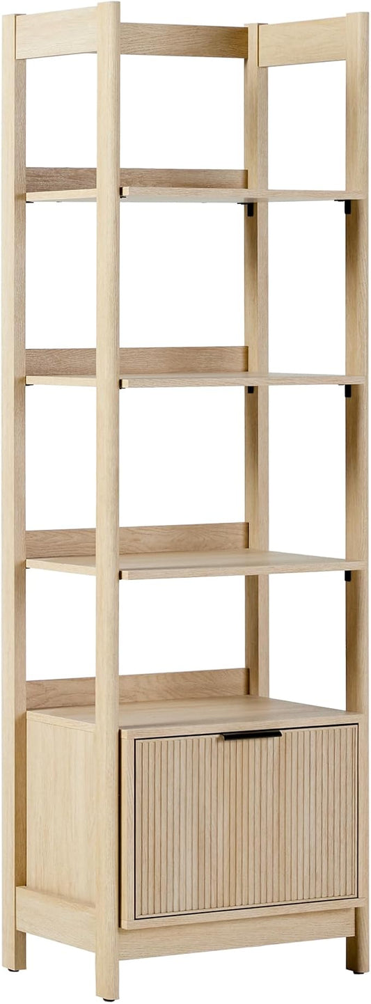 Walker Edison Transitional Reeded Narrow Open Bookshelf with Drawer on Bottom for Home Office, Living Room, Bedroom, 4-Shelf Bookcase with Bottom Storage, 22”W x 16.75”D x 70”H, Coastal Oak