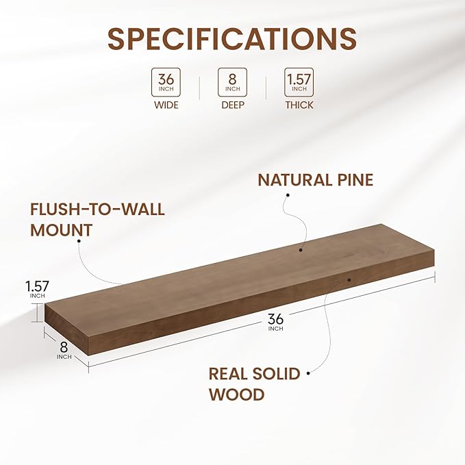 Heimlove 36 Inch Floating Shelves for Wall Walnut Shelves Set of 2,Wall Mounted Rustic Wood 8 Inch Deep Floating Shelf with Invisible Brackets for Bedroom Kitchen Living Room
