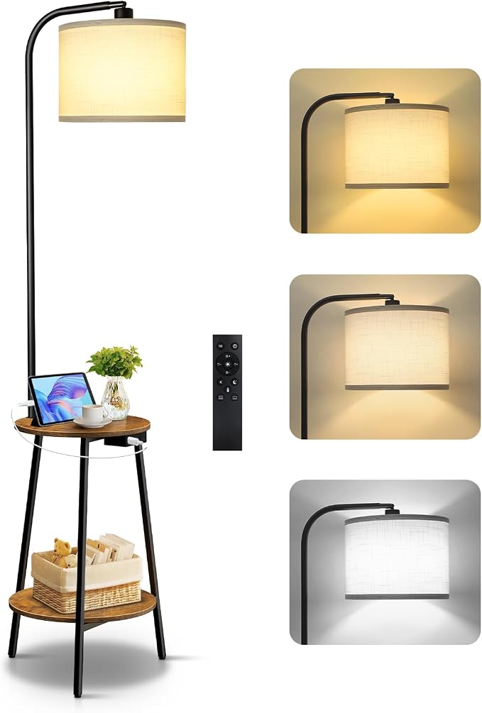 Floor Lamp with Round Table, Dimmable LED Standing Lamp with Remote, 3 Color Temperatures, Side Table with Charging Station, Space-Saving End Table for Living Room, Bedroom, Office