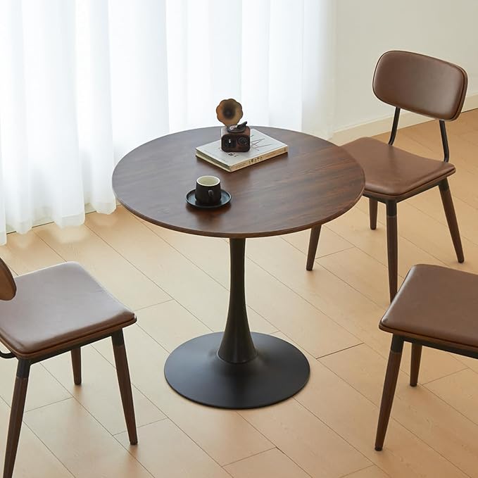 Round Dining Tulip Table for 4, Mid-Century Modern Table with Sturdy Metal Pedestal for Kitchen, Bistro, Cafe, Leisure (Faux Walnut, 31.5 INCH)