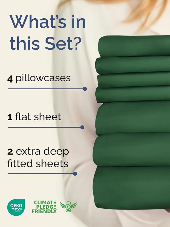 Extra Deep Split King Sheet Set - 7 Piece Breathable and Cooling Sheets - Hotel Luxury Bedding for Women, Men, Kids & Teens - Easy Secure Fit - Soft & Wrinkle Free - Extra Deep Pockets - Emerald Green