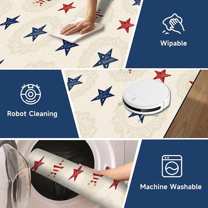 Star Area Rug 6'x9' Vintage Red Blue White Carpet Washable Low Pile Floor Mat Rugs for Bedroom Living Room Nursery Playroom Classroom Home Decor