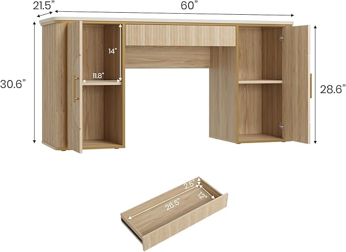 60" Fluted Writing Desk, Wooden Long Home Office Computer Desk with Drawer & Storage Cabinet, Modern Writing Table with Charging Station, High Executive Desk, Bedroom, Nature Oak, Set of 2