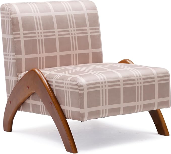 Oversized Accent Chair, upholstered armless mid Century Modern Living Room Chair with Wooden Legs for Bedroom/Office/Cafe, Plaid Camel