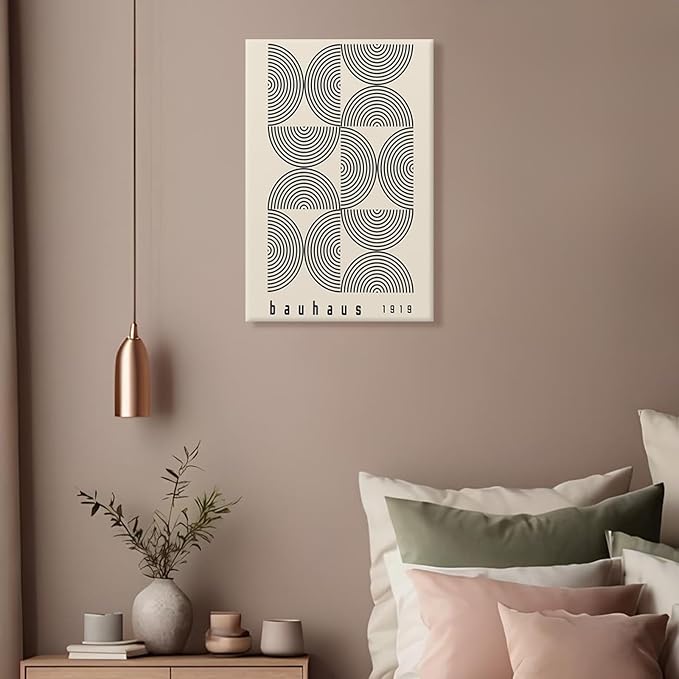 LZMXWX Bauhaus 1919 Geometric Poster Black Concentric Arcs On Cream Background Canvas Wall Art Abstract Minimalist Prints Painting For Home Bedroom Dorm Wall Decor 24x36in Wframed