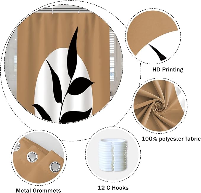 Abstract Bohemian Bathroom Shower Curtain - White Circle Eucalyptus Leaves Boho Tan With Hooks, Waterproof Polyester for Modern Aesthetics Home Decor, 48x72 Inch