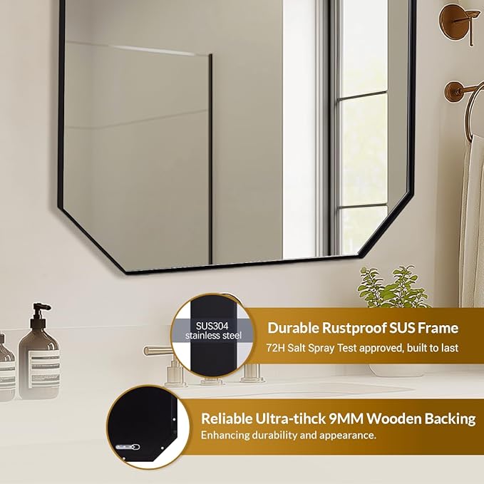 ANDY STAR Black Octagon Bathroom Mirror, 30x40 Inch Stainless Steel Metal Frame, Anti-Rust, Shatterproof HD Glass, Wall Mounted for Bathroom, Bedroom, Living Room