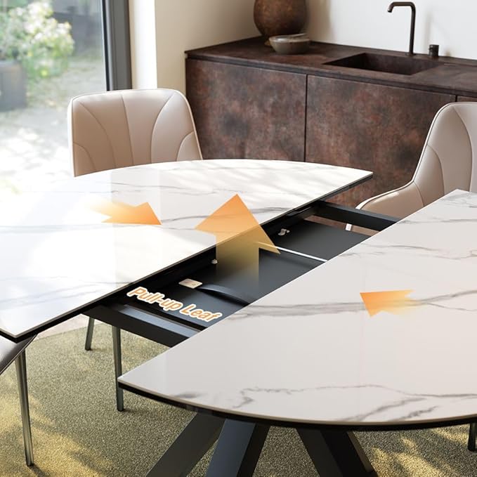 POVISON Modern Extendable Dining Table, 47" to 63" Round to Oval Sintered Stone Kitchen Table with Carbon Steel Pedestal Base for 4-6, White with Black(Table Only