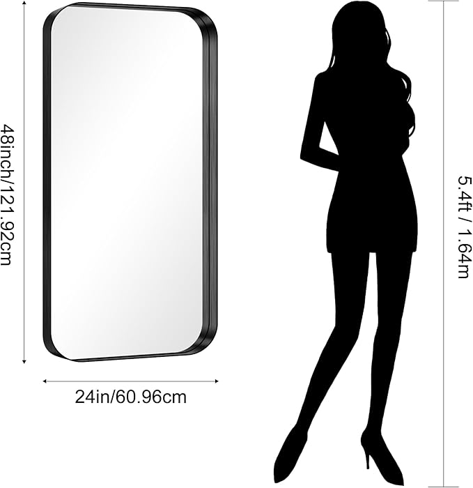 CIRCUMI Black Bathroom Mirror, 24"x48" Rectangular Mirror with Deep Metal Frame, Rounded Corner, Tempered Glass, Large Mirror for Wall, Over 2 Sinks, Installed Vertically/Horizontally, Crystal-Clear