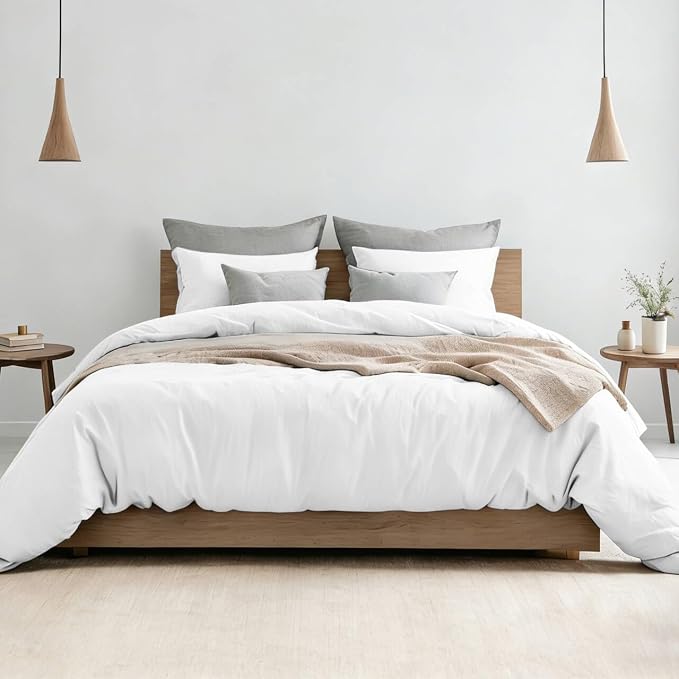 FALUCA French Linen Blend Duvet Cover Set 3Pcs King (104"x92") - Soft, Breathable, Cooling Farmhouse Bedding for Summer Hot Sleeper (King, White)