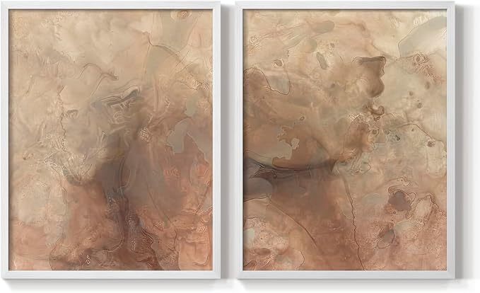 Renditions Gallery Set of 2 Peel & Stick Framed Prints, Abstract Wall Art, Brown Textured Marble Design Re-Stickable - Ready to Hang - 8"x10" - White Frame LT588