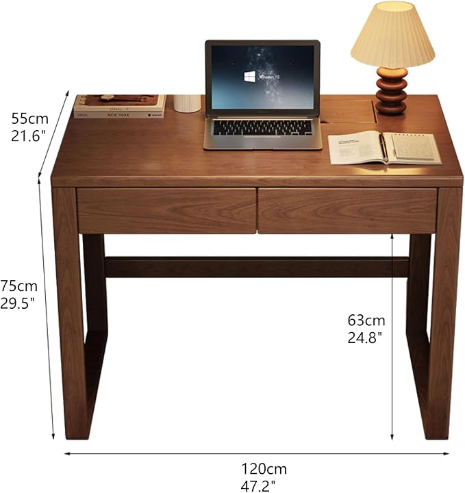 2-Drawer Writing Desk, Mid Century Modern Desk with Cable Management Box, Small Wooden Vintage Computer Desk, Study Table for Home Office(100x55x75cm, White)