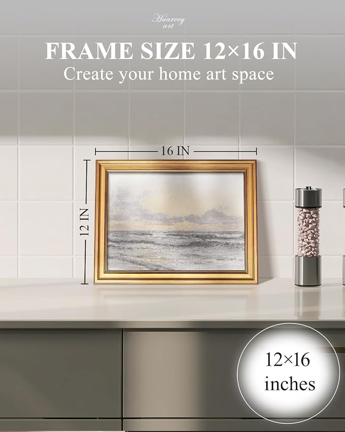 HUARCEY Gold Framed Vintage Wall Art for Living Room, Landscape Painting Prints Shelf Decor for Kitchen, Aesthetic Bedroom Wall Art, Christmas Gifts for Friends or Family (Sea or Sky - 12"x16")