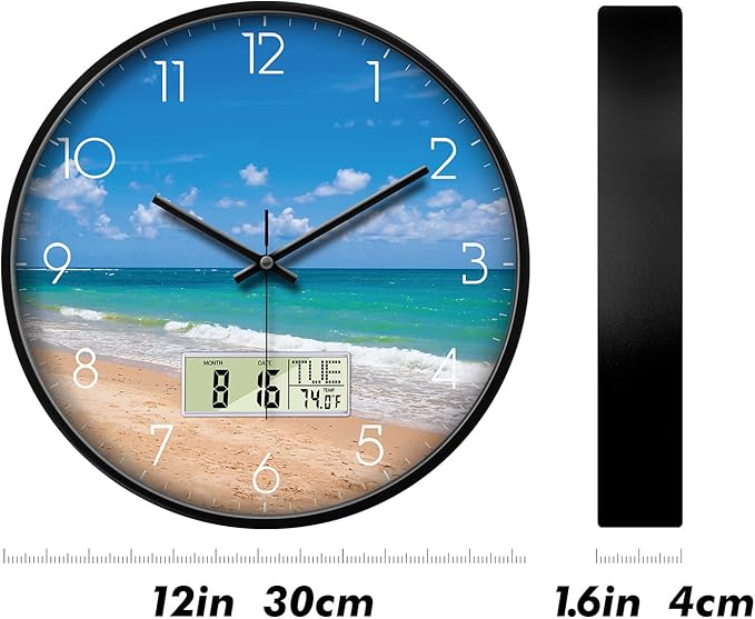 Coastal Beach Wall Clock, 12 Inch Silent Non-Ticking Battery Operated Analog Clock with LCD Date Day Temp Display, Decorative for Living Room, Bedroom, Kitchen, Beach House, Coastal Homes