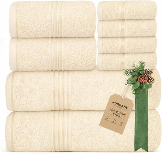 8 Piece Bath Towels for Bathroom Set - 100% Cotton, Soft Absorbent Bathroom Towels Set - 2 Extra Large Bath Towels, 2 Hand Towels & 4 Washcloths - Hotel Spa Thick Plush Towel, Cream