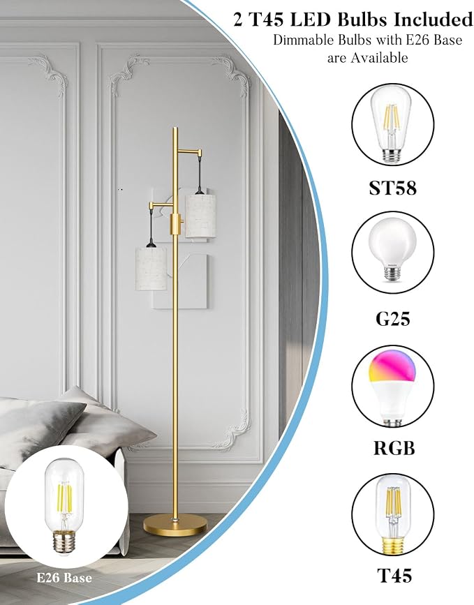 Lightdot 65IN Gold Floor Lamp for Living Room, Industrial 2-Light Tree Floor Lamps with Linen Shade, Modern Standing Tall Lamp with 5Lbs Heavy Base for Bedroom/Sofa Beside/Corner Decor(Bulb Included)