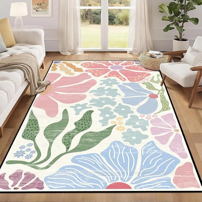 Floral Area Rug Modern Abstract Rug Pastel Flower Print Carpet Colorful Bohemian Plant Rugs for Bedroom Living Room Nursery Kitchen Playroom Home Decor,5'x7'