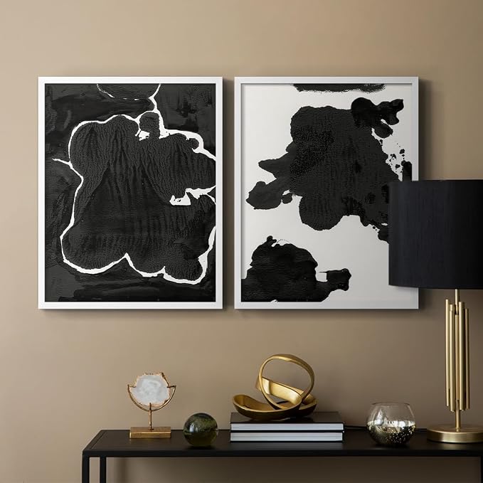 Renditions Gallery Set of 2 Peel & Stick Framed Prints, Fluid Abstract Wall Art, Black and White Inkblot Wall Decor, Re-Stickable - Ready to Hang - 8"x10" - White Frame LT588
