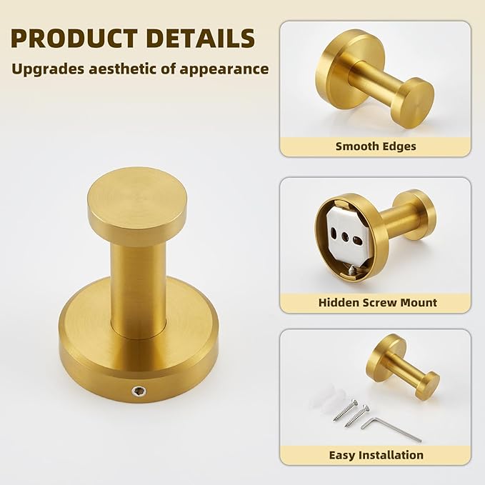 APLusee Brushed Gold Towel Hook for Bathroom, 304 Stainless Steel Round Towel Hanger, Heavy Duty Wall Hook for Kitchen Garage Wall Mounted
