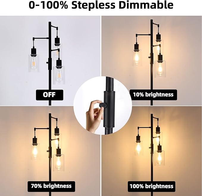 3 Lights Floor Lamp, Industrial Tree Lamp for Living Room Bedroom, Black Modern Dimmable Farmhouse Standing Lamp, Tall Pole with Clear Glass Shade