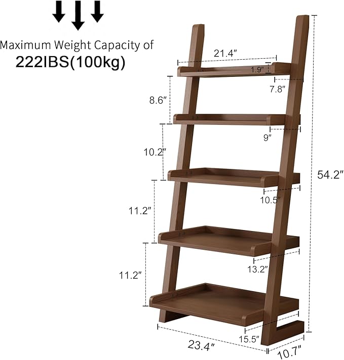 AQIMUELE Walnut Wooden Ladder Shelf with Edges, 5-Tier Modern Leaning Bookshelf Ladder – Stylish Space-Saving Bookcase for Living Room, Bedroom & Home Office