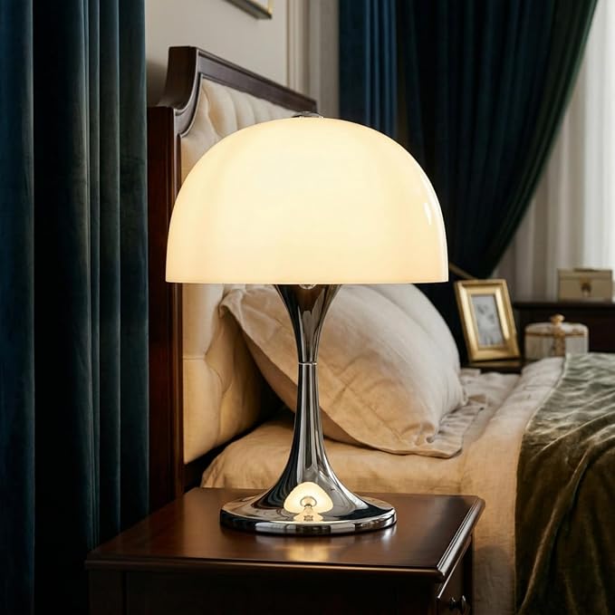 Modern Mushroom Table Lamp, Mid-Century Nightstand Lamp with Smooth Acrylic Shade & Metal Base, 3-G9 Socket Bedside Desk Lamp for Bedroom Living Room Office, Retro Decor Accent Light, Chrome