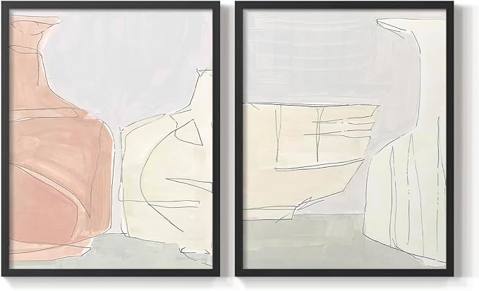 Renditions Gallery Set of 2 Peel & Stick Framed Prints, Neutral Abstract Wall Art, Soft Tones Delicate Linework Wall Decor, Re-Stickable - Ready to Hang - 11"x14" - Black Frame LT588