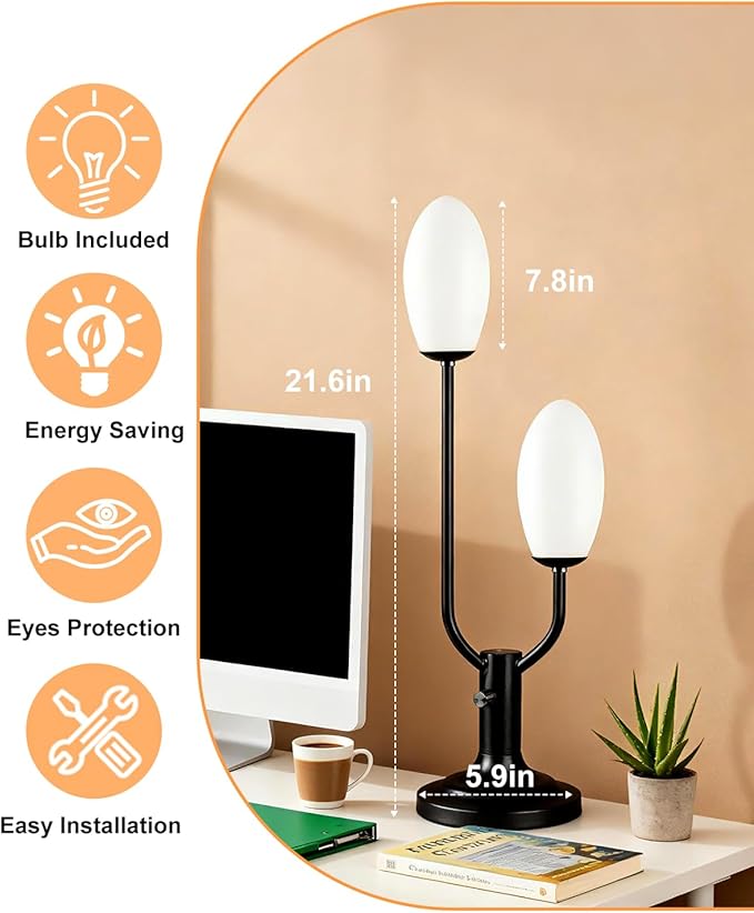 Lightdot Mid Century Modern Table Lamp Vintage Black Dimmable Plug in Small Bedside Lamps with Oval Shade Cute Desk Lamp Nightstand Reading Light for Bedroom Office Living Room