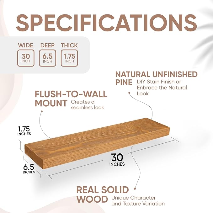Homeforia 30 inch Golden Oak Floating Shelf, High End Solid Real Wood 30inch Small Floating Shelves for Wall Mounted, Oak Wooden 30in Floating Shelves, Heavy Duty Bracket, 30 X 6.5 X 1.75 in, Set of 4
