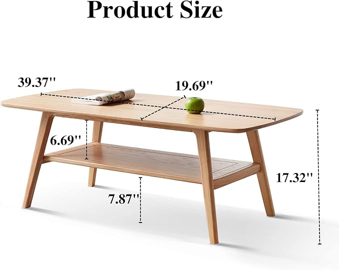 Mid Century Modern Coffee Table: 100% Solid Wood Coffee Table - 2-Tier Storage Design - Practical Coffee Tables for Living Room, Apartment, Easy Assembly (Natural, 39.37")