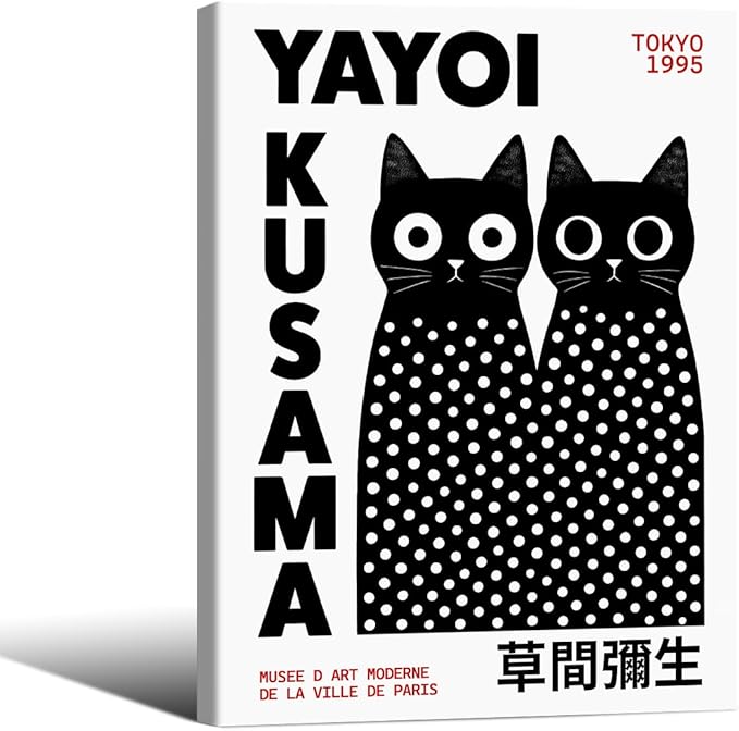 Black and White Cute Abstract Cat Wall Art Japanese Yayoi Kusama Canvas Poster 08x10 inch Framed Modern Fashion Minimalist Painting for Living Room Wall Decor Cat Lover Gifts