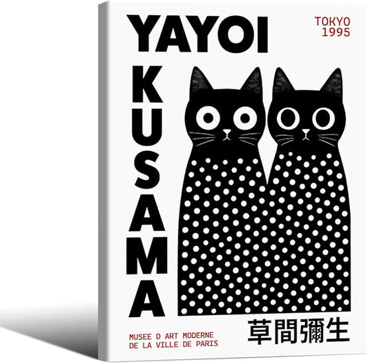 Black and White Cute Abstract Cat Wall Art Japanese Yayoi Kusama Canvas Poster 08x10 inch Framed Modern Fashion Minimalist Painting for Living Room Wall Decor Cat Lover Gifts