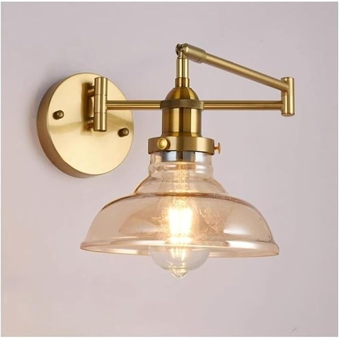 Folding Wall Lamp Retro Rocker Arm Wall Lamp Bedroom Bedside Lamp Iron + Glass Art Living Room Study Reading Wall Sconce Swing Arm Adjustable Vintage Wall Mount Light Sconce (Color : A)