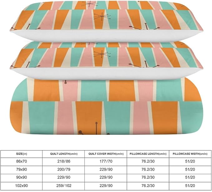 Modern Mid Century Duvet Cover Queen Retro Atomic Bedding Set, Rainbow Grid Comforter Cover Vintage Fifties 1950s Bed Set，Abstract Art Bedding 3 Piece (1 Duvet Cover 90"x90" + 2 Pillow Sham 20"x30")