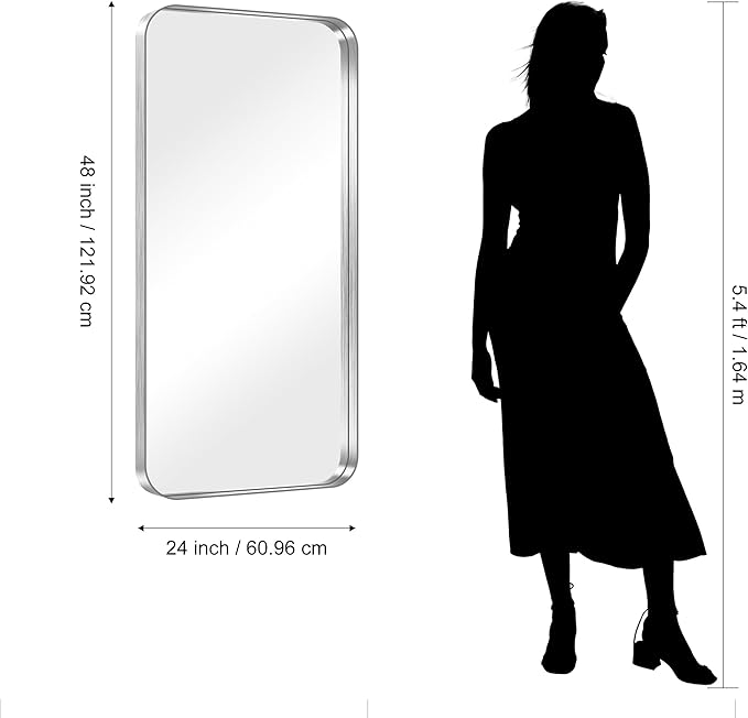CIRCUMI Silver Bathroom Mirror, 24"x48" Rectangular Mirror with Deep Metal Frame, Rounded Corner, Tempered Glass, Large Mirror for Wall, Over 2 Sinks, Installed Vertically/Horizontally, Crystal-Clear