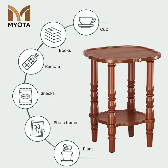 Solid Wood End Table Living Room - 21.7" H Small Narrow Square Wooden End Table for Small Spaces, Dark Real Brown Solid Wood Vintage Antique Side Bedside Table Nightstand with 2-Tier Storage