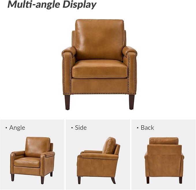 HULALA Home Genuine Leather Accent Chair with Wooden Legs & Nailhead Trim, Comfy Upholstered Armchair with Removable Cushion & Rolled Arms Set of 2 (Camel)