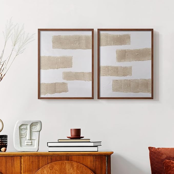 Renditions Gallery Set of 2 Peel & Stick Framed Prints, Modern Abstract Wall Art, Textured Brush Strokes Wall Decor, Re-Stickable - Ready to Hang - 22"x28" - Walnut Frame LT588