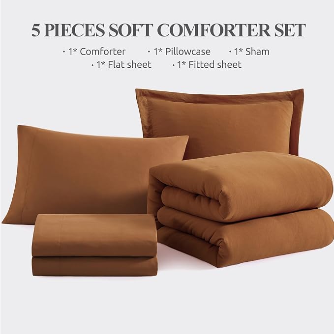 WRENSONGE Twin XL Comforter Set- 5 Pieces Terracotta Bed in a Bag, All Season Twin XL Bedding Sets with 1 Fitted Sheet, 1 Flat Sheet, 1 Pillow Sham and 1 Pillowcase